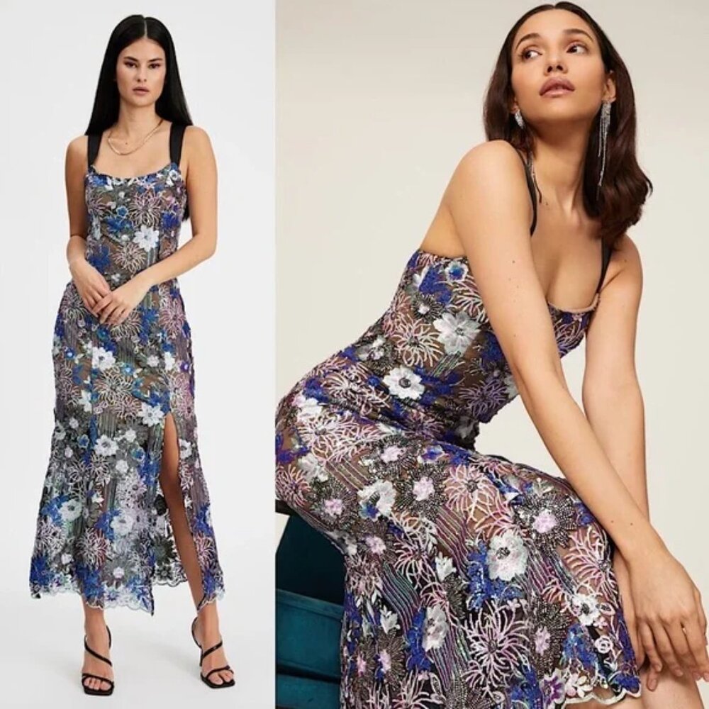 ELLIATT Paige Floral Iridescent Sequin Embroidery Mesh Sleeveless Midi Dress S